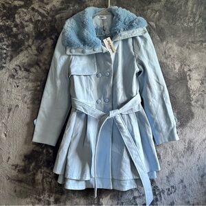 Zeegoo Blue Women's Faux Fur Lapel Double Breasted Thick Wool Trench Coat Sz S
